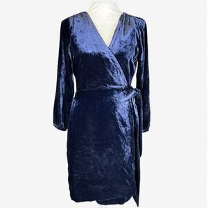 J. Crew Women Wrap Dress Size 4 Blue Crushed Velvet Long Sleeves Tie Waist